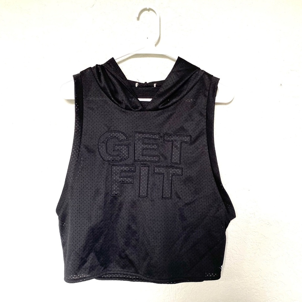 Black mesh crop hoodie athletic top "Get Fit"